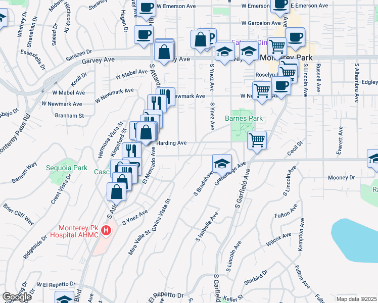 map of restaurants, bars, coffee shops, grocery stores, and more near 609 West Graves Avenue in Monterey Park
