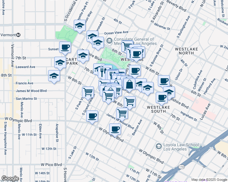 map of restaurants, bars, coffee shops, grocery stores, and more near 730 South Lake Street in Los Angeles