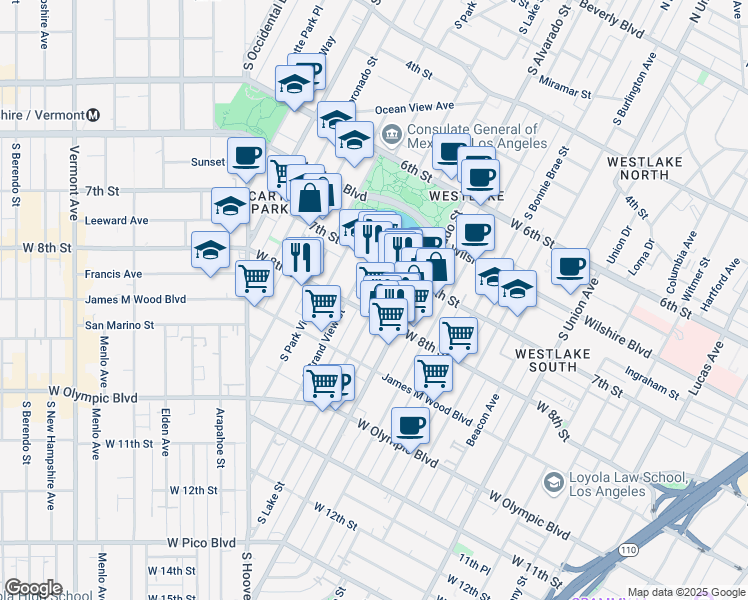 map of restaurants, bars, coffee shops, grocery stores, and more near 739 1/2 South Lake Street in Los Angeles