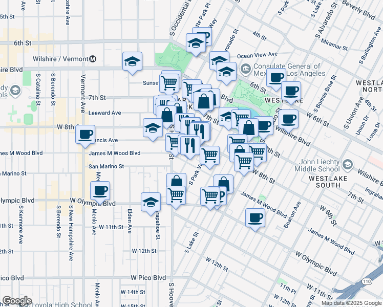 map of restaurants, bars, coffee shops, grocery stores, and more near 826 South Carondelet Street in Los Angeles