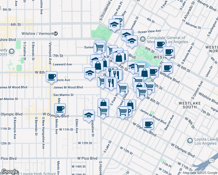 map of restaurants, bars, coffee shops, grocery stores, and more near 826 South Carondelet Street in Los Angeles