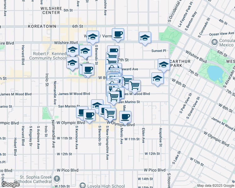 map of restaurants, bars, coffee shops, grocery stores, and more near 888 South Vermont Avenue in Los Angeles