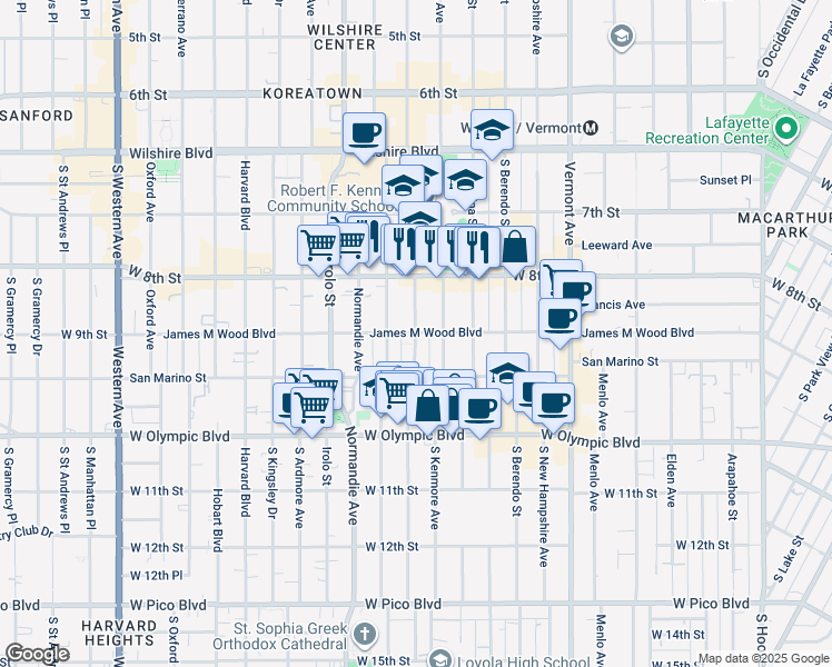 map of restaurants, bars, coffee shops, grocery stores, and more near 3089 West 9th Street in Los Angeles