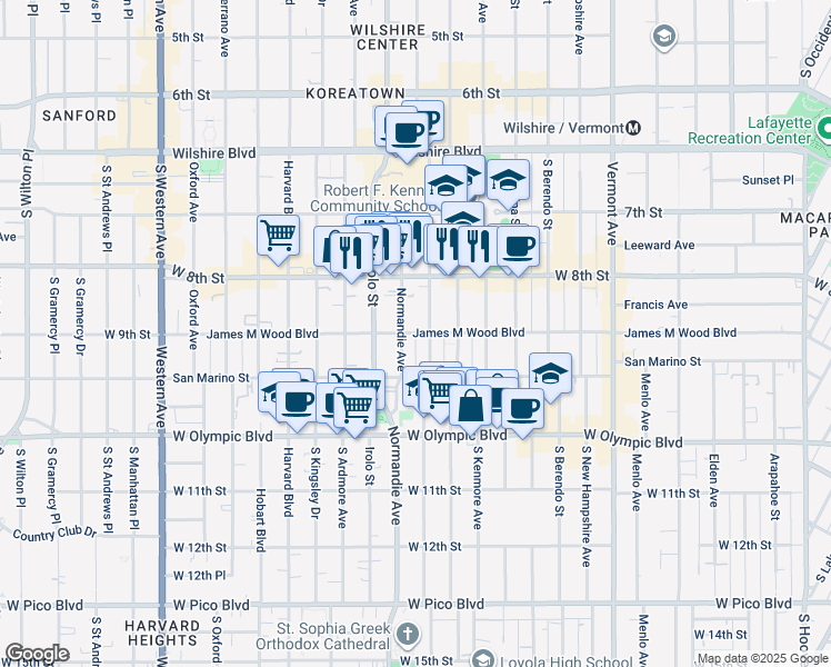 map of restaurants, bars, coffee shops, grocery stores, and more near 871 South Mariposa Avenue in Los Angeles