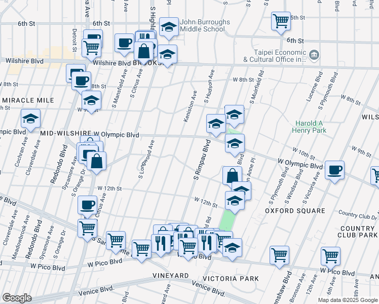 map of restaurants, bars, coffee shops, grocery stores, and more near 1026 South Hudson Avenue in Los Angeles