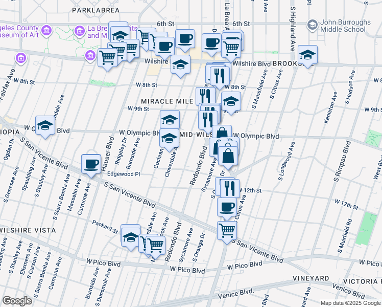 map of restaurants, bars, coffee shops, grocery stores, and more near 1044 Meadowbrook Avenue in Los Angeles