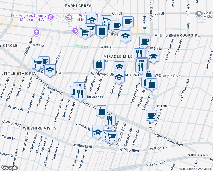 map of restaurants, bars, coffee shops, grocery stores, and more near 1046 Burnside Avenue in Los Angeles