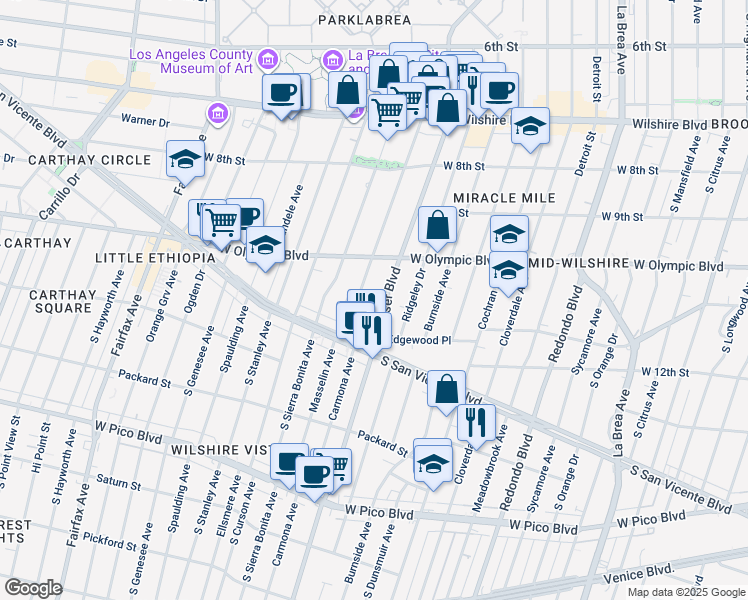 map of restaurants, bars, coffee shops, grocery stores, and more near 1051 Hauser Boulevard in Los Angeles