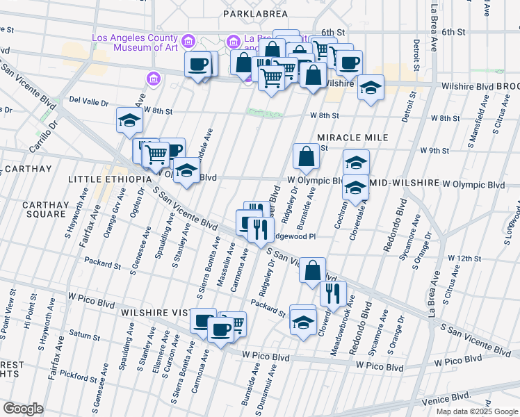 map of restaurants, bars, coffee shops, grocery stores, and more near 1051 Hauser Boulevard in Los Angeles