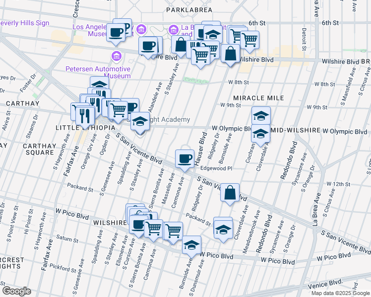 map of restaurants, bars, coffee shops, grocery stores, and more near 1053 Masselin Avenue in Los Angeles