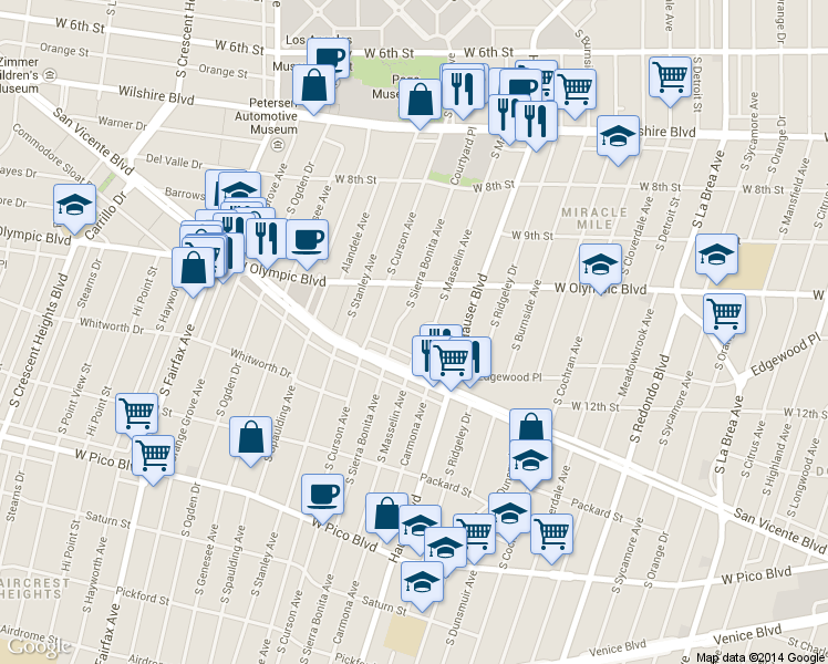 map of restaurants, bars, coffee shops, grocery stores, and more near 1053 Masselin Avenue in Los Angeles