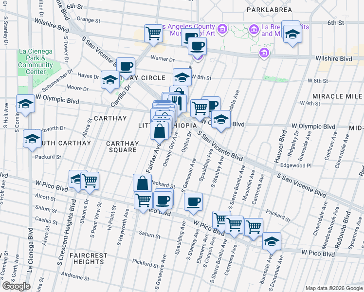 map of restaurants, bars, coffee shops, grocery stores, and more near 1064 South Orange Grove Avenue in Los Angeles
