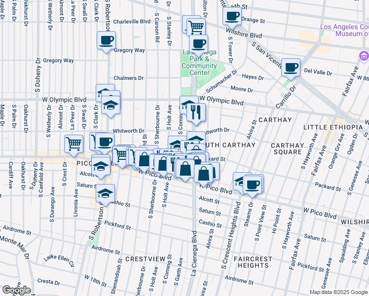 map of restaurants, bars, coffee shops, grocery stores, and more near 1138 South Corning Street in Los Angeles
