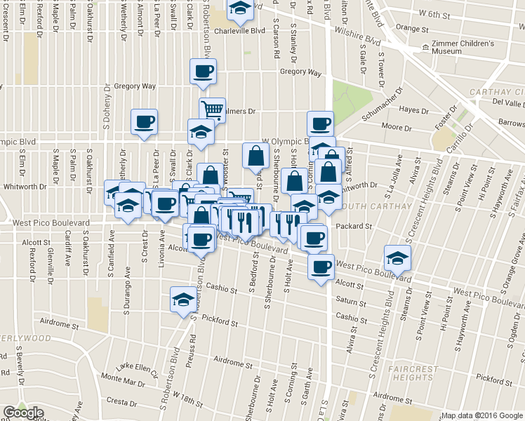 map of restaurants, bars, coffee shops, grocery stores, and more near in Los Angeles