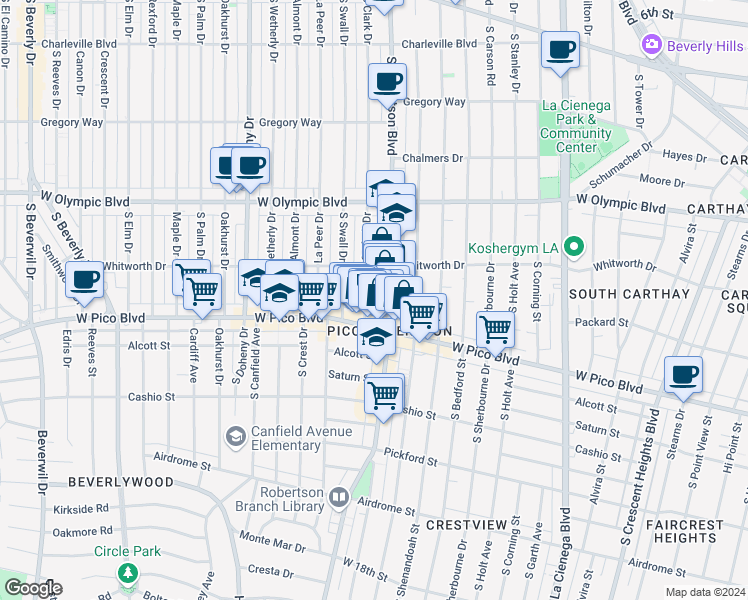 map of restaurants, bars, coffee shops, grocery stores, and more near 1147 South Robertson Boulevard in Los Angeles