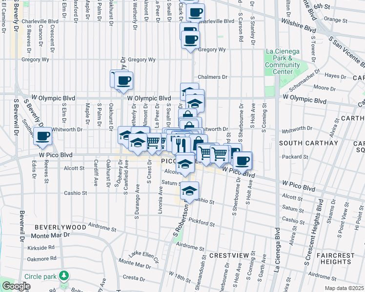map of restaurants, bars, coffee shops, grocery stores, and more near 1147 South Robertson Boulevard in Los Angeles