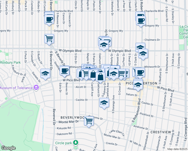 map of restaurants, bars, coffee shops, grocery stores, and more near 1141 Cardiff Avenue in Los Angeles
