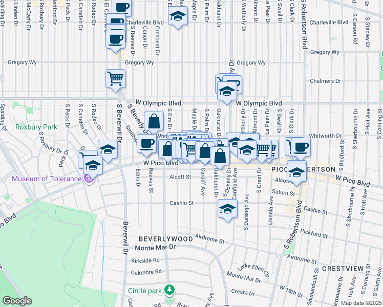 map of restaurants, bars, coffee shops, grocery stores, and more near 1140 Rexford Drive in Los Angeles