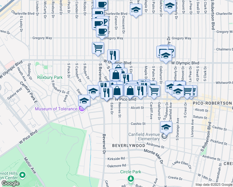 map of restaurants, bars, coffee shops, grocery stores, and more near 1167 South Beverly Drive in Los Angeles