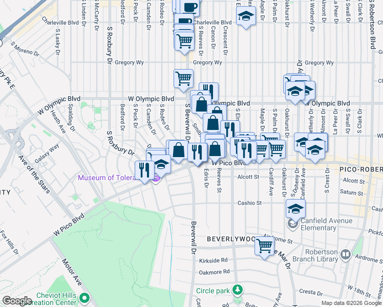 map of restaurants, bars, coffee shops, grocery stores, and more near 1199 South Rodeo Drive in Beverly Hills