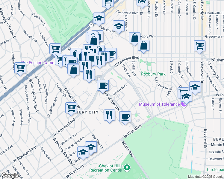 map of restaurants, bars, coffee shops, grocery stores, and more near 2142 Century Park Lane in Los Angeles