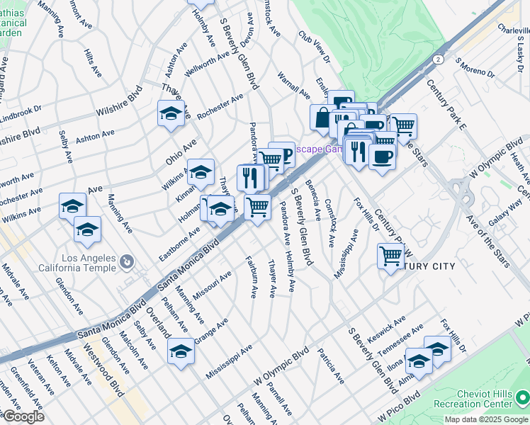 map of restaurants, bars, coffee shops, grocery stores, and more near 10456 Santa Monica Boulevard in Los Angeles