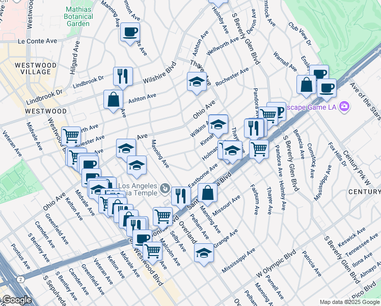 map of restaurants, bars, coffee shops, grocery stores, and more near 10598 Kinnard Avenue in Los Angeles