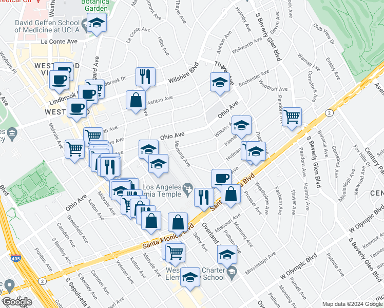 map of restaurants, bars, coffee shops, grocery stores, and more near 1568 Manning Avenue in Los Angeles