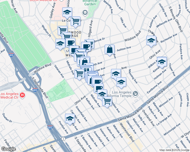 map of restaurants, bars, coffee shops, grocery stores, and more near 10821 Wilkins Avenue in Los Angeles