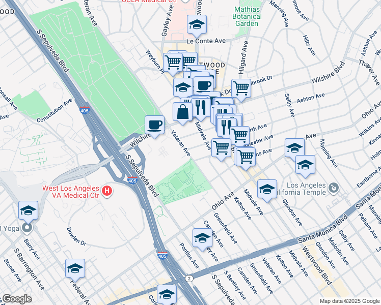 map of restaurants, bars, coffee shops, grocery stores, and more near 10996 Wellworth Avenue in Los Angeles