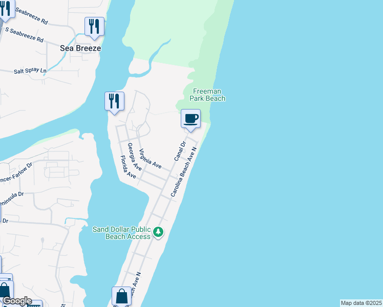 map of restaurants, bars, coffee shops, grocery stores, and more near 1710 Carolina Beach Avenue North in Carolina Beach