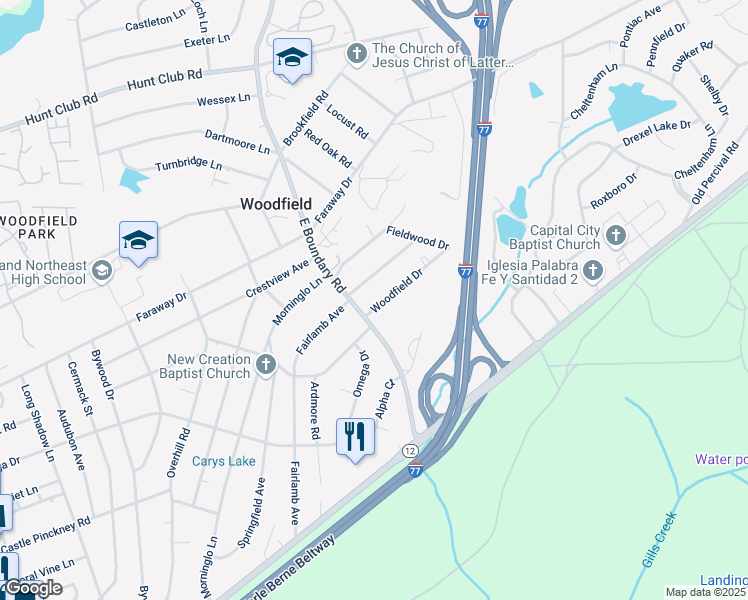 map of restaurants, bars, coffee shops, grocery stores, and more near 2109 Woodfield Drive in Columbia