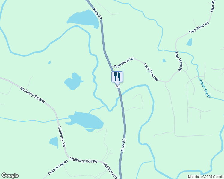 map of restaurants, bars, coffee shops, grocery stores, and more near 97 Highway 53 in Hoschton