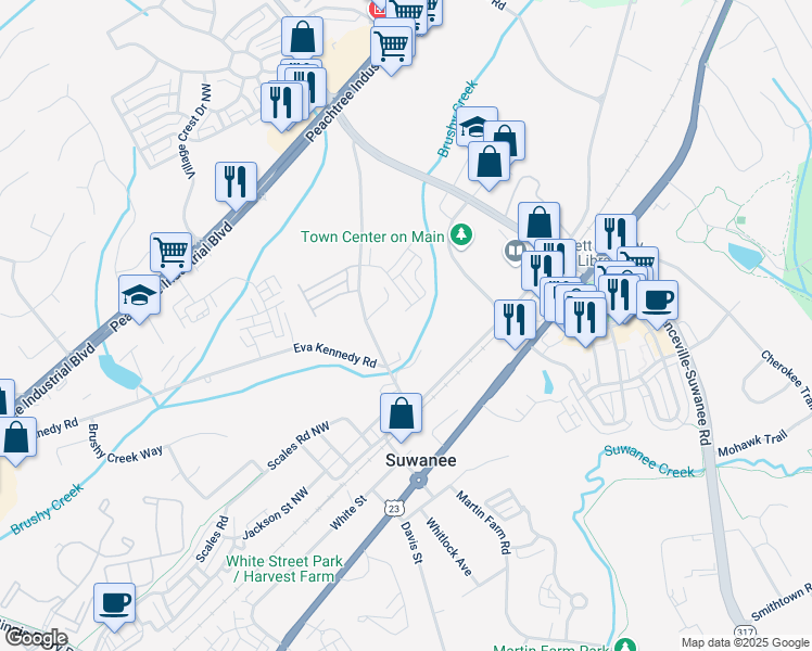 map of restaurants, bars, coffee shops, grocery stores, and more near 560 Stonecypher Road in Suwanee