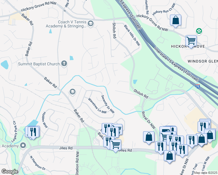 map of restaurants, bars, coffee shops, grocery stores, and more near 4104 Glenaire Way Northwest in Acworth
