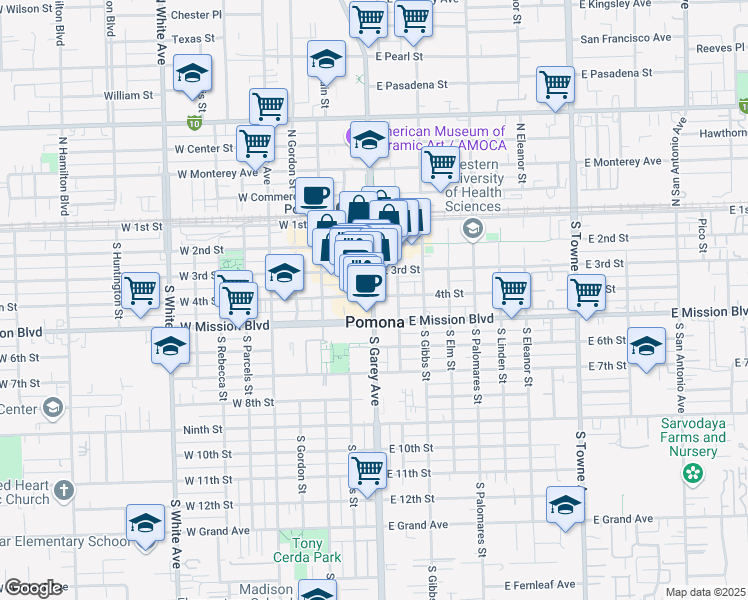 map of restaurants, bars, coffee shops, grocery stores, and more near 400 South Garey Avenue in Pomona