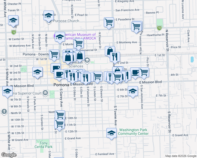 map of restaurants, bars, coffee shops, grocery stores, and more near 660 4th Street in Pomona