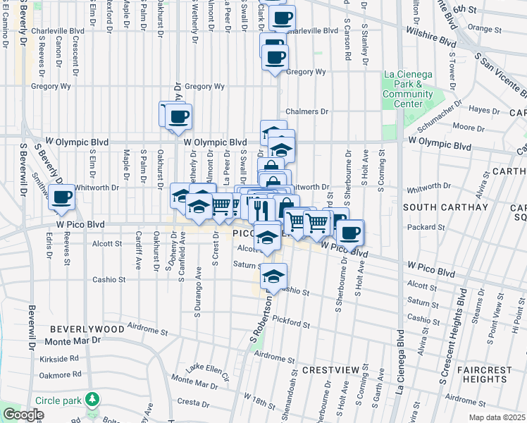map of restaurants, bars, coffee shops, grocery stores, and more near 1147 South Robertson Boulevard in Los Angeles