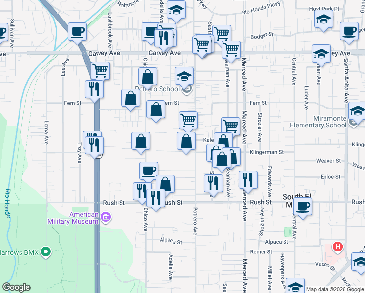 map of restaurants, bars, coffee shops, grocery stores, and more near 9733 Klingerman Street in South El Monte