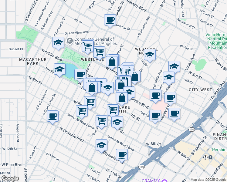 map of restaurants, bars, coffee shops, grocery stores, and more near 1656 Wilshire Boulevard in Los Angeles
