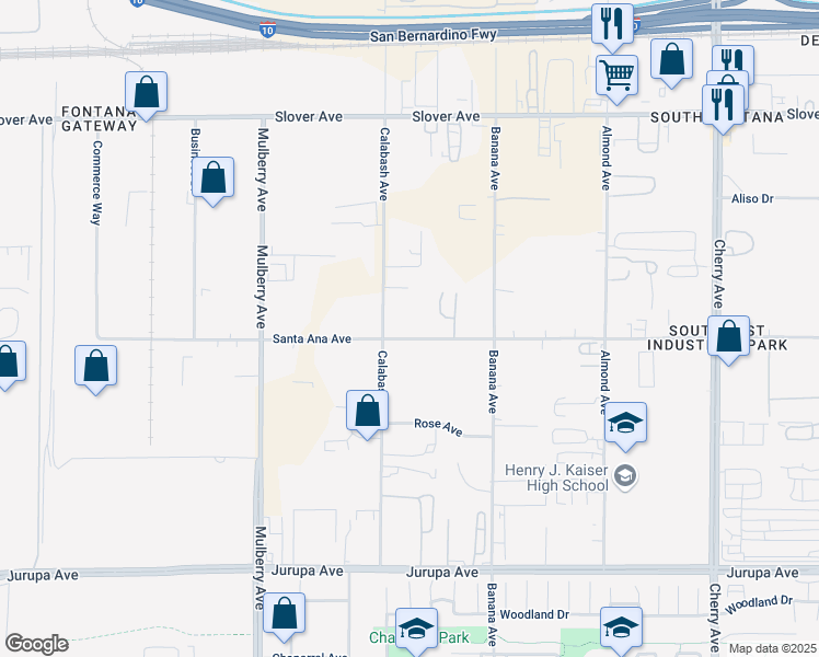 map of restaurants, bars, coffee shops, grocery stores, and more near 13946 Santa Ana Avenue in Fontana