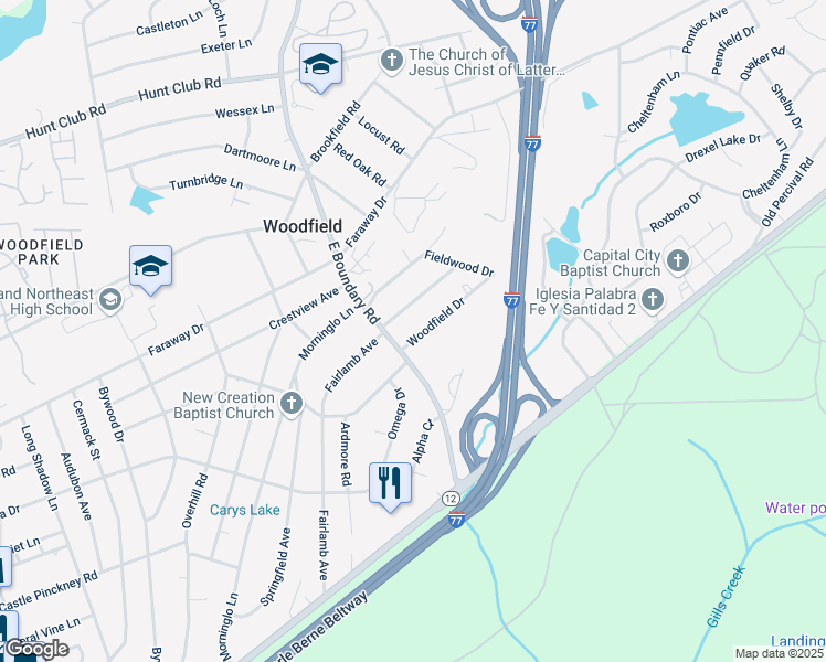 map of restaurants, bars, coffee shops, grocery stores, and more near 2109 Woodfield Drive in Columbia