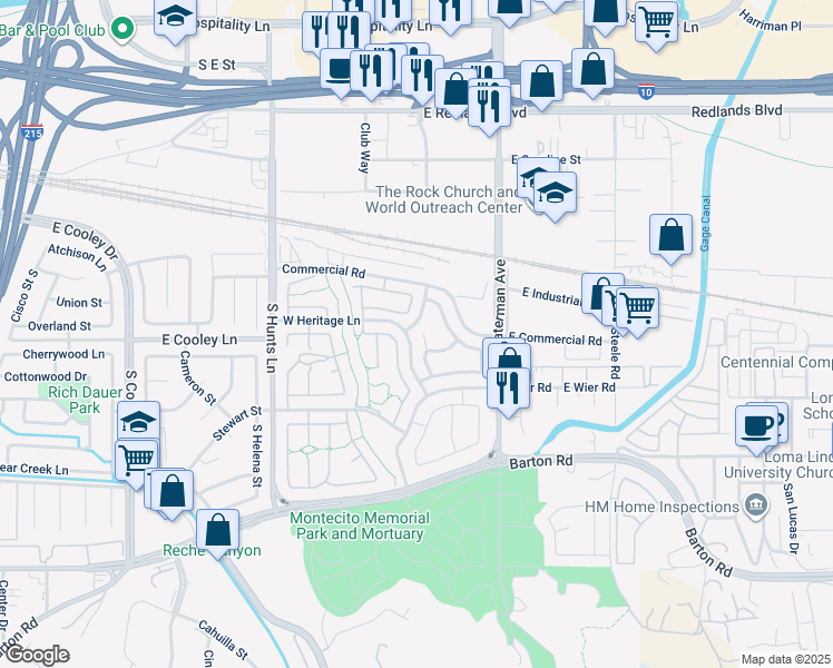 map of restaurants, bars, coffee shops, grocery stores, and more near 2514 Young Court in San Bernardino