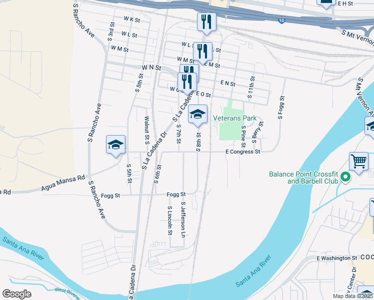 map of restaurants, bars, coffee shops, grocery stores, and more near 159 West Shirley Court in Grand Terrace