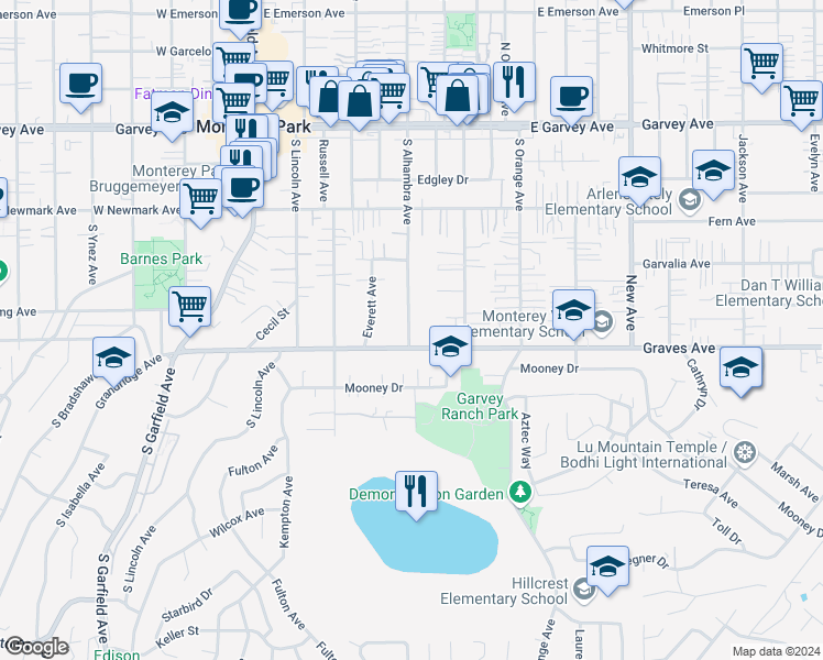map of restaurants, bars, coffee shops, grocery stores, and more near 520 South Alhambra Avenue in Monterey Park