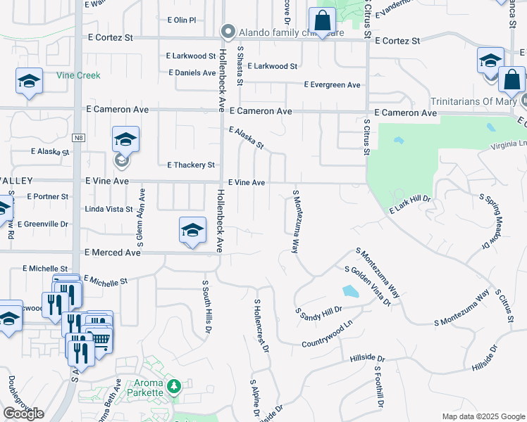 map of restaurants, bars, coffee shops, grocery stores, and more near 1103 Novarro Street in West Covina