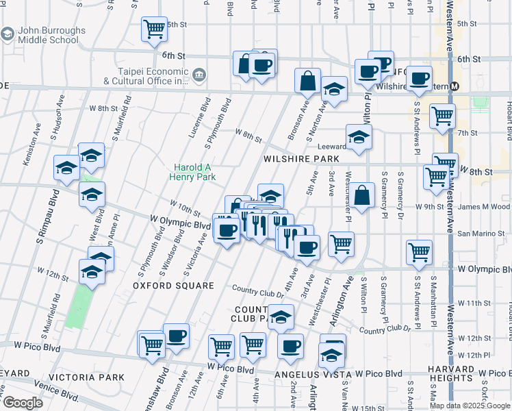 map of restaurants, bars, coffee shops, grocery stores, and more near 901 South Bronson Avenue in Los Angeles