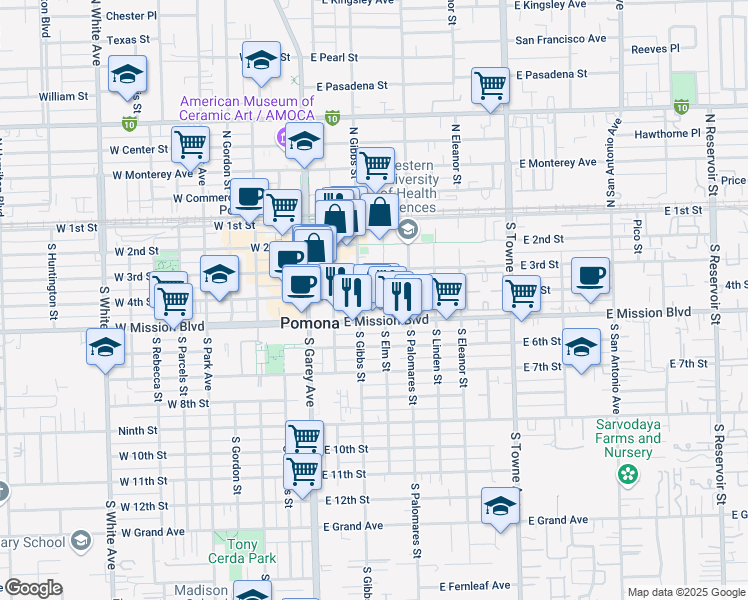 map of restaurants, bars, coffee shops, grocery stores, and more near 362 4th Street in Pomona