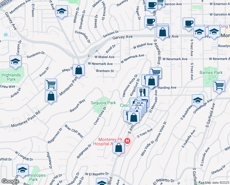 map of restaurants, bars, coffee shops, grocery stores, and more near 610 Crest Vista Drive in Monterey Park