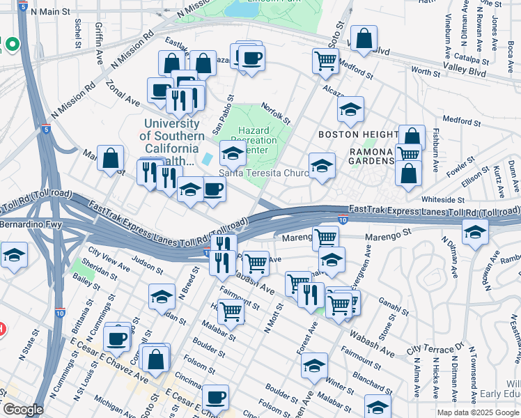 map of restaurants, bars, coffee shops, grocery stores, and more near 1158 North Soto Street in Los Angeles